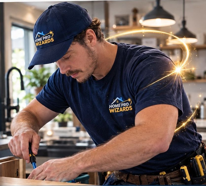 Home Pro Wizards technician fitting a cabinet in a modern kitchen