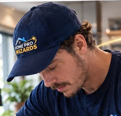 Close-up of a focused technician in a branded cap