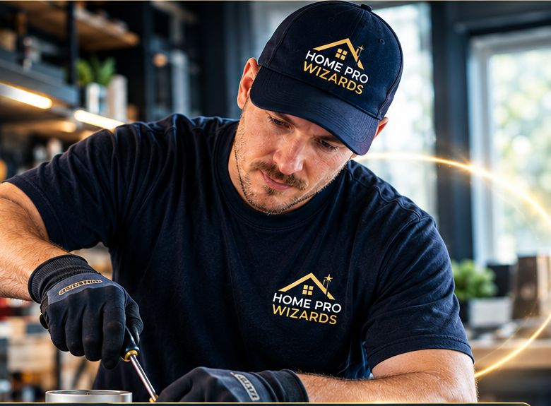 Technician in a Home Pro Wizards uniform working on a repair